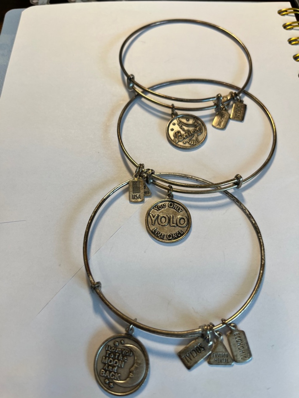 Wind and Fire : Silver Tone Expandable Charm Bangle Trio